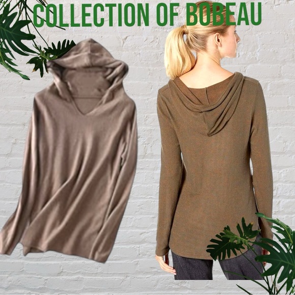 🌻 BOBEAU LIGHTWEIGHT LONG SLEEVE HOODIE V NECK AND TAUPE NUBBY FABRIC SIZE:S - Picture 1 of 12